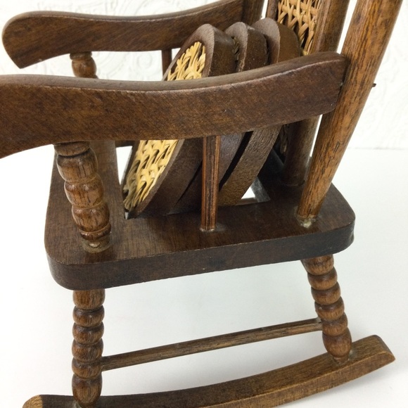 Vintage MCM wooden rattan miniature rocking chair with coasters set of 3 - Picture 6 of 13